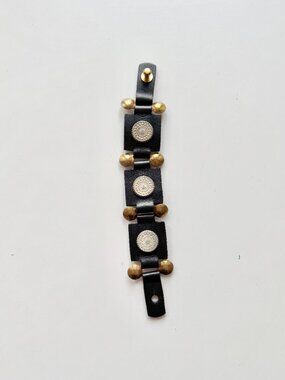 BRAVE CANADA Black Leather Brass Copper Embellished Medallion Cuff Bracelet